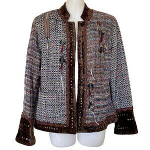 Yak Magik Textured Tweed Patchwork Open Front Blazer Jacket Velvet Trim Nepal